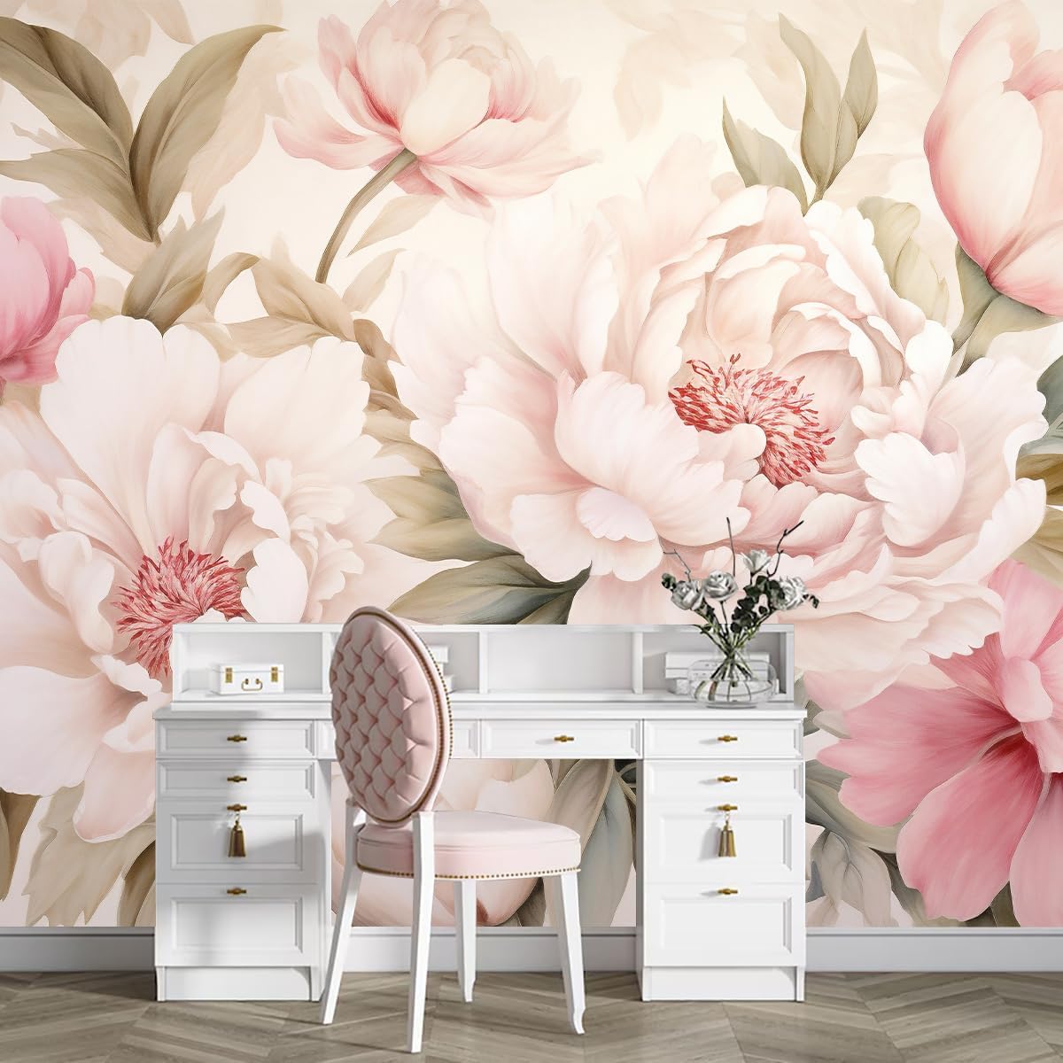 Home Bathroom Wallpaper - Elegant Peony Floral Mural Wallpaper Vanity