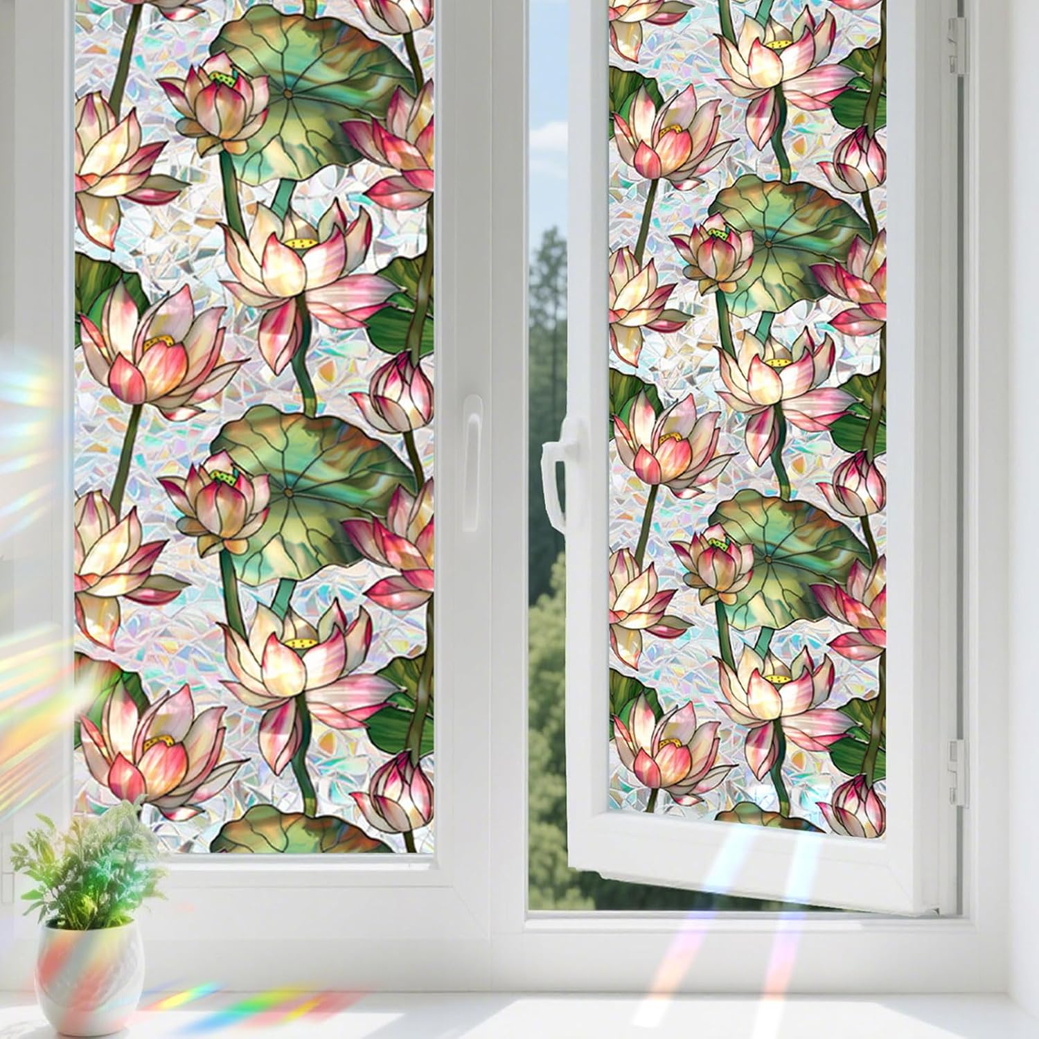 Home Bathroom Window Tint - Rainbow Lotus Stained Glass Window Film,